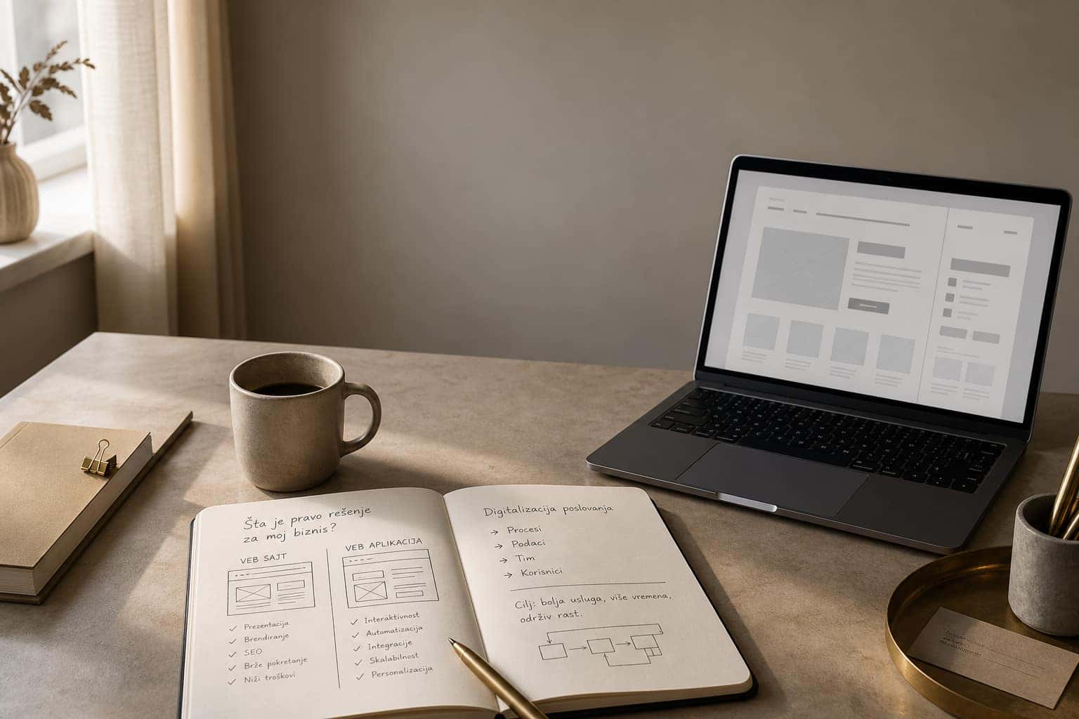 Desk with planning notes and a laptop, guides for digitalization